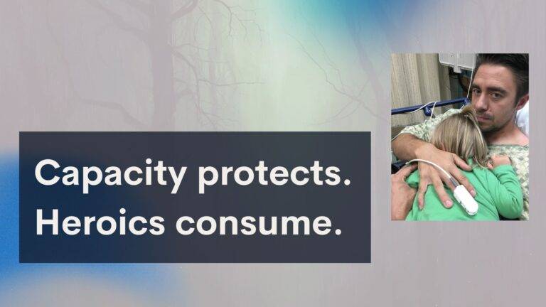 Author in a hospital gown sitting in an ER bed, holding his young daughter against his chest, showing the personal cost of disaster deployment and illness.