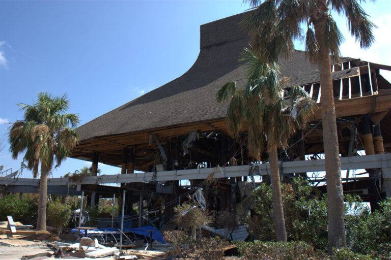A large, damaged building with exposed beams and debris, surrounded by palm trees and overgrown plants, under a clear blue sky. The structure appears partially collapsed and abandoned.
