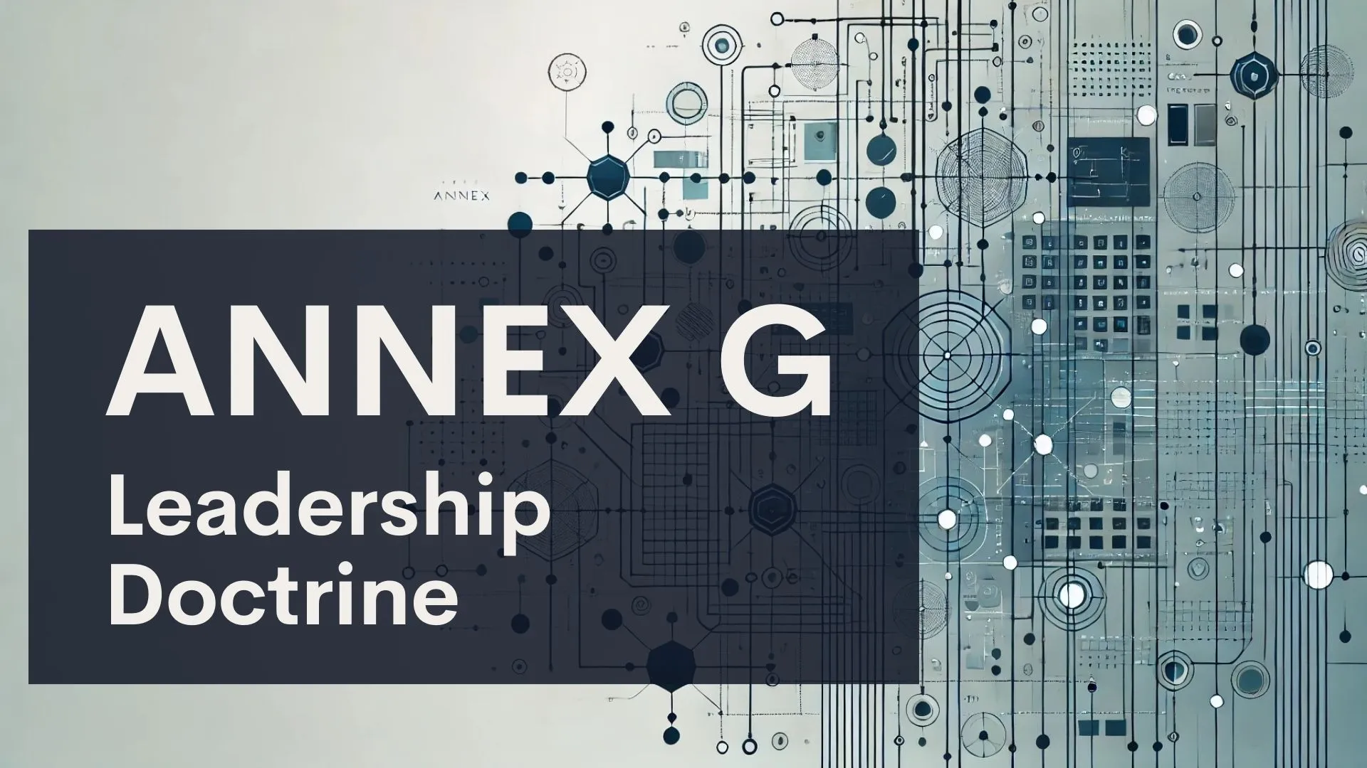 Dark box with large white text “ANNEX G” and smaller text “Leadership Doctrine” overlays a complex blue and gray technical, circuit-like abstract background design.