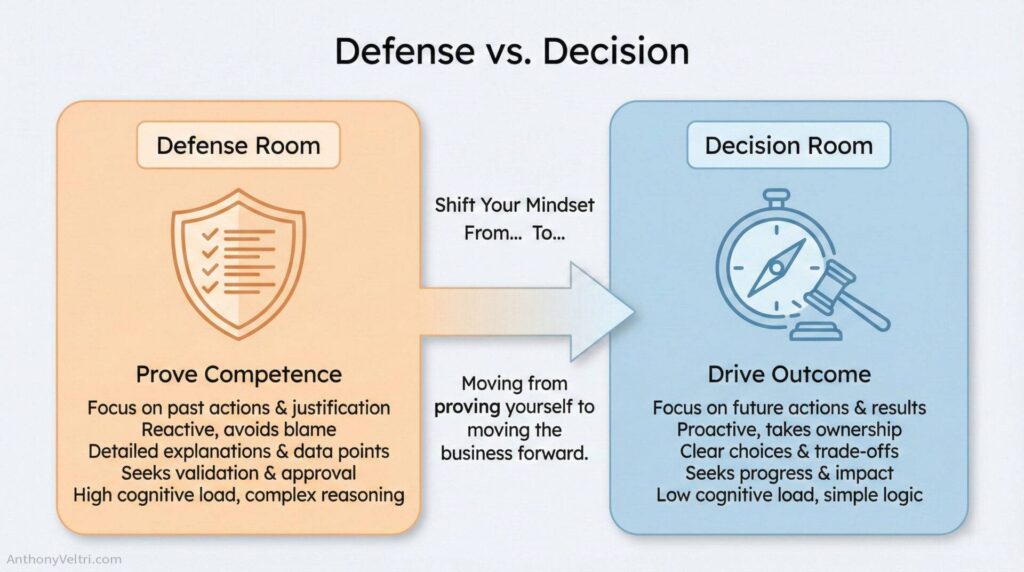 A comparison diagram titled 'Defense vs. Decision' showing the transition from a 'Defense Room' mindset (proving competence via detailed explanation) to a 'Decision Room' mindset (driving outcomes via clear choices). It highlights the reduction in cognitive load required to move from technical justification to strategic progress.