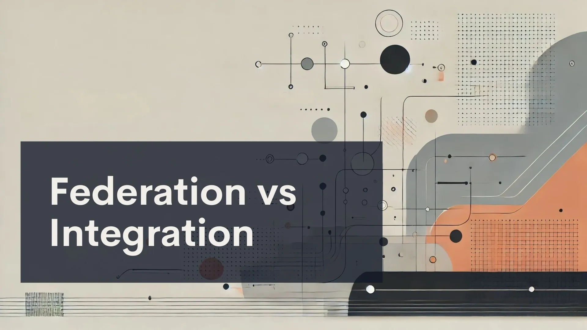 A geometric abstract design with lines, circles, and shapes in muted tones. Overlayed text reads, 