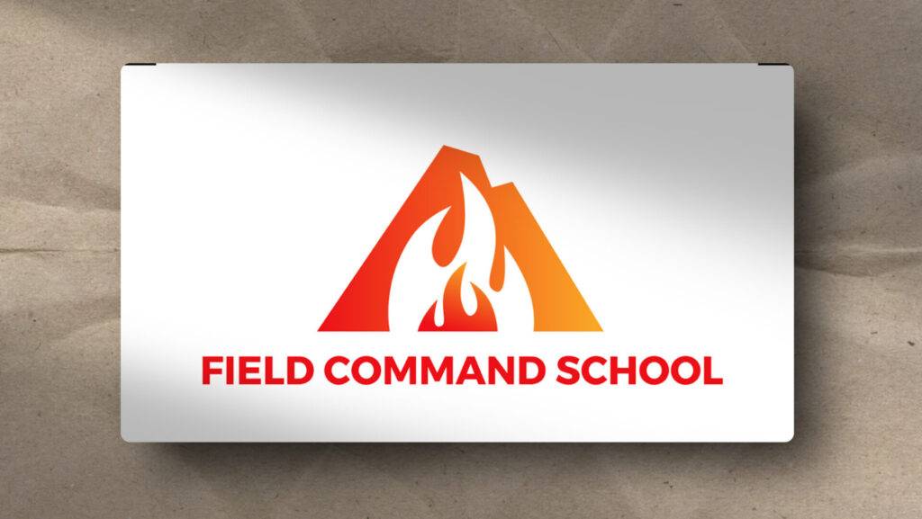 A logo with an orange and red mountain shape featuring a flame inside, above bold red text that reads 
