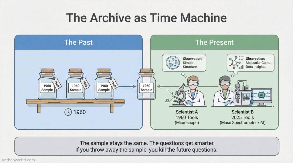 This diagram illustrates advancements in observation methods, contrasting 1960s sample analysis with modern scientific techniques.