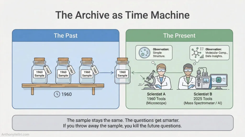 This diagram illustrates advancements in observation methods, contrasting 1960s sample analysis with modern scientific techniques.