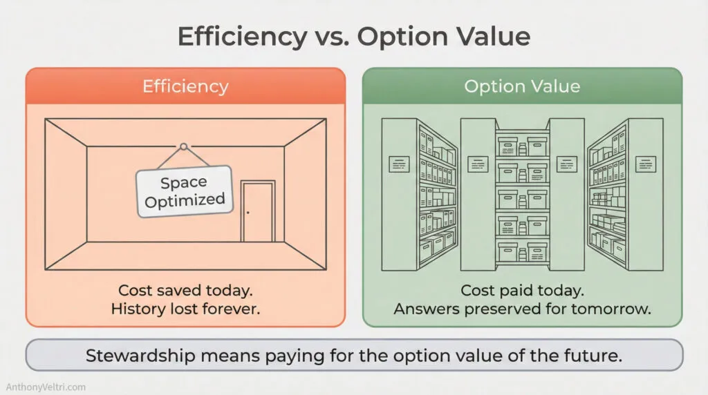 This diagram illustrates efficiency as an empty room versus option value as organized shelves, highlighting cost and knowledge tradeoffs.