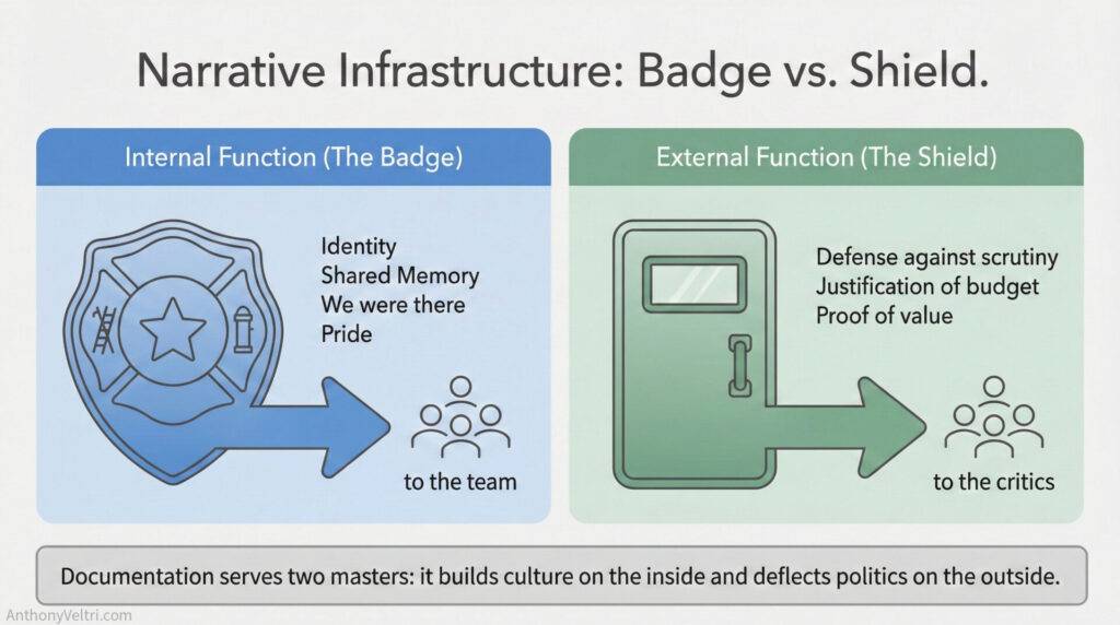 This diagram illustrates how documentation supports team identity internally (“Badge”) and deflects criticism externally (“Shield”).