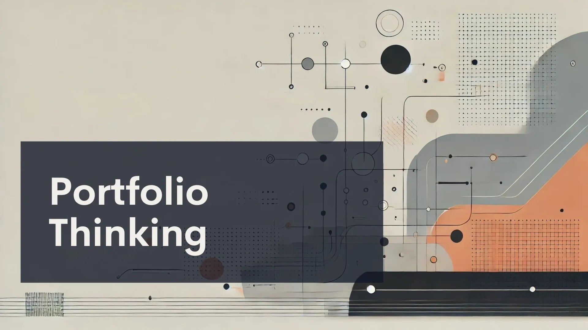 Abstract geometric shapes and lines in muted colors form a modern design. A dark, semi-transparent box on the left contains the text 