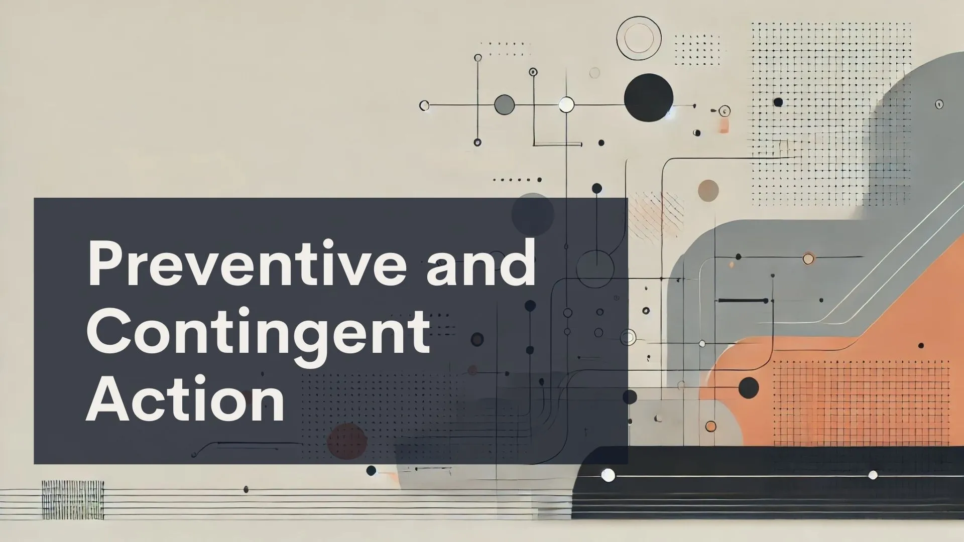 Abstract geometric design with various circles, lines, and shapes in muted tones. A dark rectangle overlay contains the white text: 