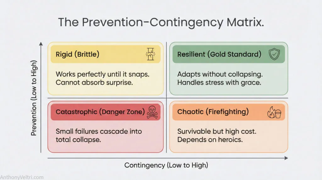 This diagram illustrates how varying prevention and contingency levels define organizational risk: rigid, resilient, catastrophic, or chaotic.