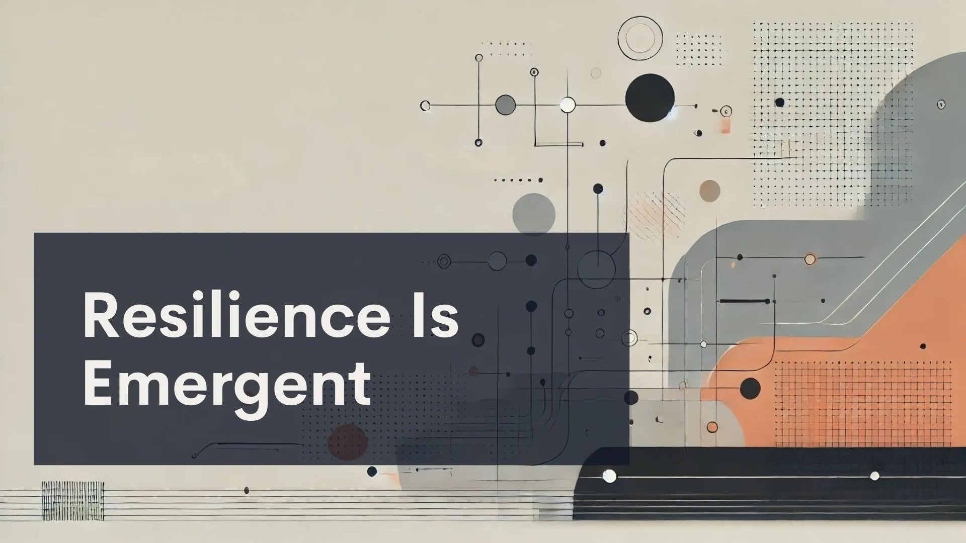 A geometric abstract design with circles, lines, and dots in muted colors, featuring a dark rectangle with the white text 