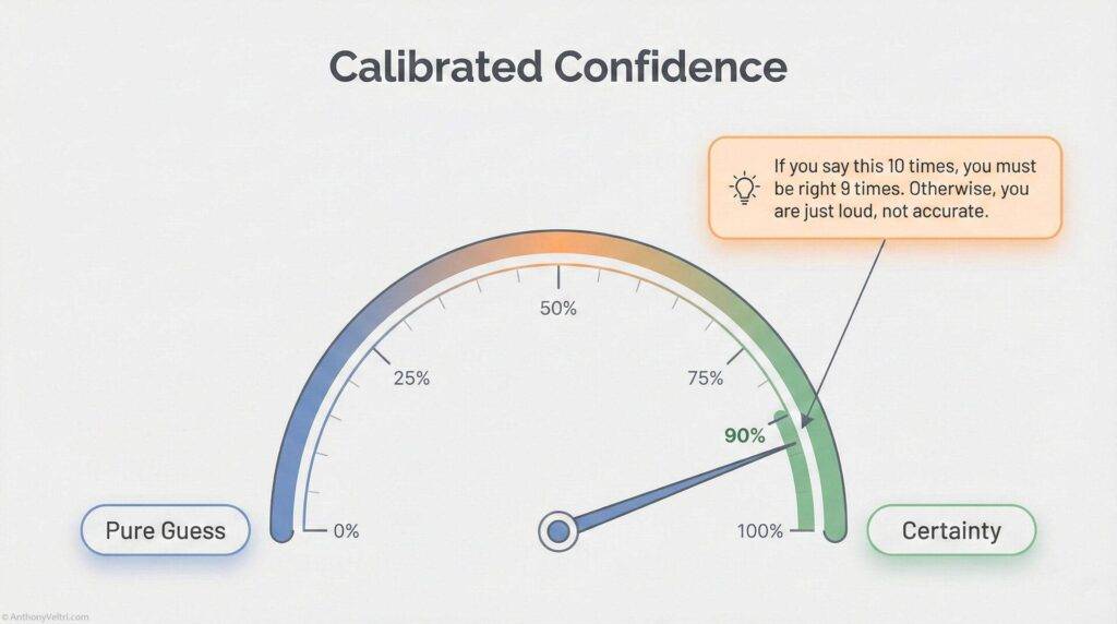 A gauge labeled "Calibrated Confidence" shows a needle pointing to 90% between "Pure Guess" and "Certainty." A box explains: "If you say this 10 times, you must be right 9 times. Otherwise, you are just loud, not accurate.