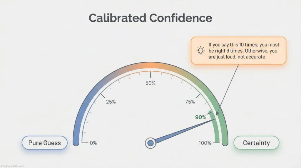 A gauge labeled "Calibrated Confidence" shows a needle pointing to 90% between "Pure Guess" and "Certainty." A box explains: "If you say this 10 times, you must be right 9 times. Otherwise, you are just loud, not accurate.