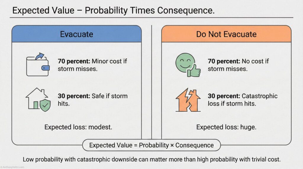 A comparison chart of evacuating vs. not evacuating for a storm, showing probabilities and consequences. Evacuate: 70% minor cost if storm misses, 30% safe if it hits. Do not evacuate: 70% fine, 30% catastrophic loss.