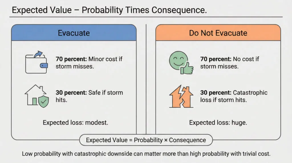 A comparison chart of evacuating vs. not evacuating for a storm, showing probabilities and consequences. Evacuate: 70% minor cost if storm misses, 30% safe if it hits. Do not evacuate: 70% fine, 30% catastrophic loss.