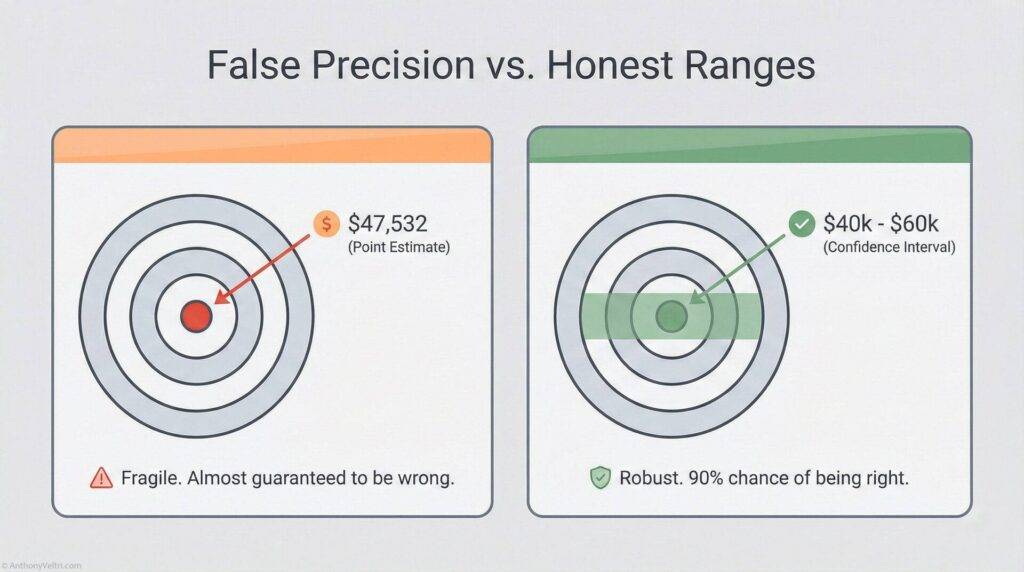 A graphic compares a single-point estimate ($47,532) labeled “fragile” with a range estimate ($40k–$60k) labeled “robust,” using target diagrams to highlight confidence and accuracy in predictions.