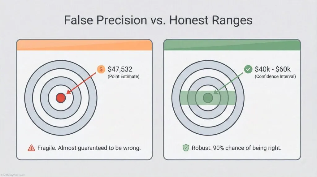 A graphic compares a single-point estimate ($47,532) labeled “fragile” with a range estimate ($40k–$60k) labeled “robust,” using target diagrams to highlight confidence and accuracy in predictions.