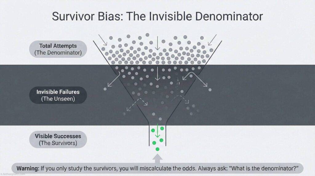 A funnel diagram shows "Total Attempts" at the top, narrowing down through "Invisible Failures" to "Visible Successes" at the bottom, illustrating survivor bias. A warning urges consideration of the full denominator.