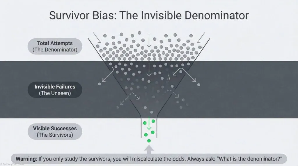 A funnel diagram shows "Total Attempts" at the top, narrowing down through "Invisible Failures" to "Visible Successes" at the bottom, illustrating survivor bias. A warning urges consideration of the full denominator.
