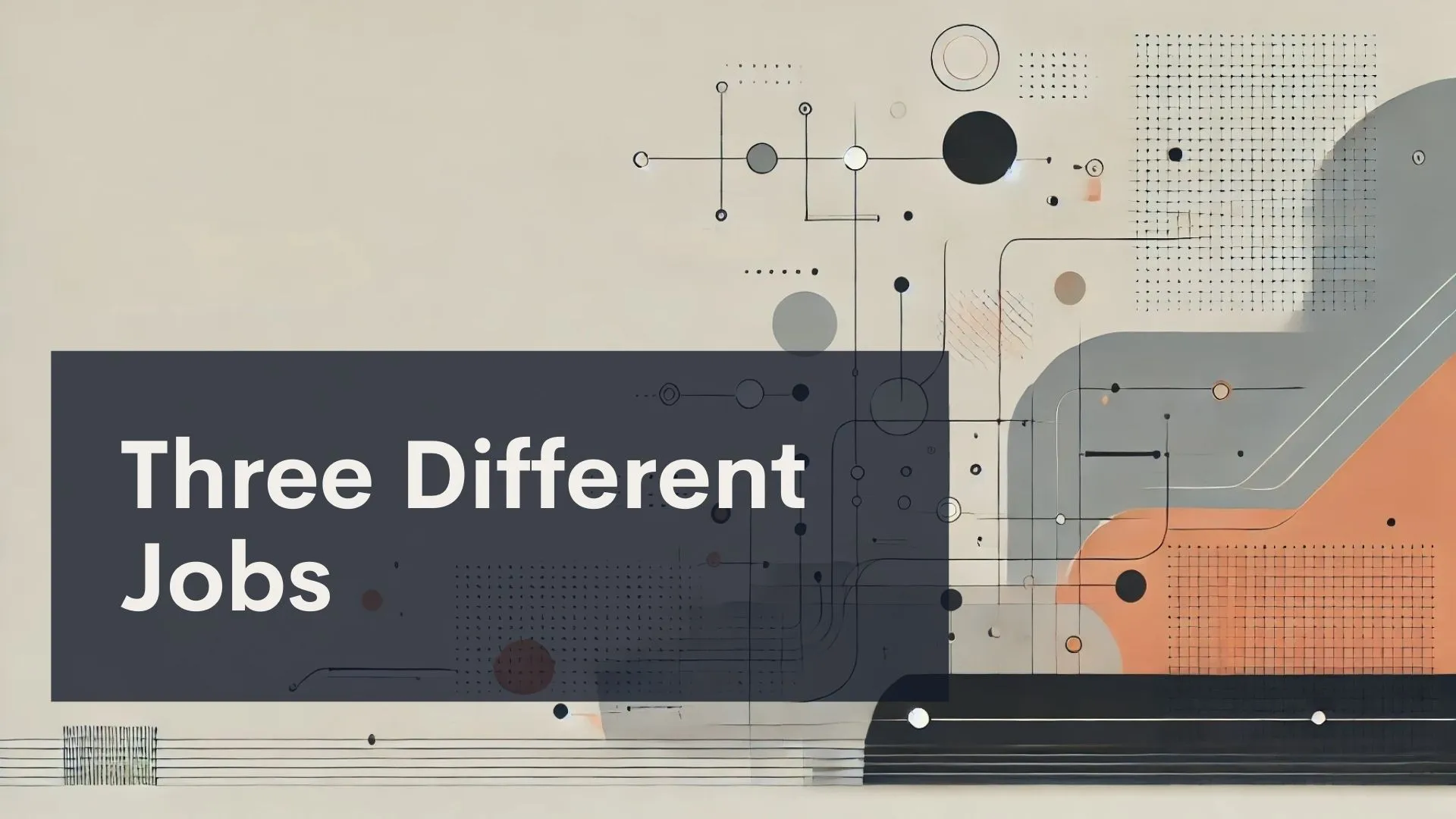 Abstract geometric background with circles and lines in neutral and orange tones. A dark semi-transparent box overlays the left side, displaying the text 