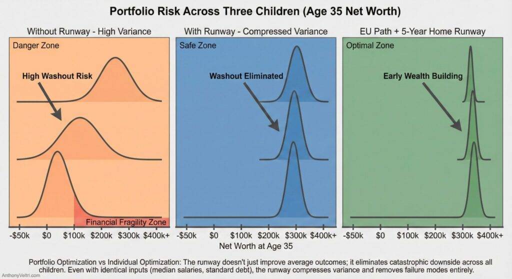 This diagram illustrates how portfolio variance impacts net worth trajectories at age 35, highlighting risk and early wealth outcomes.