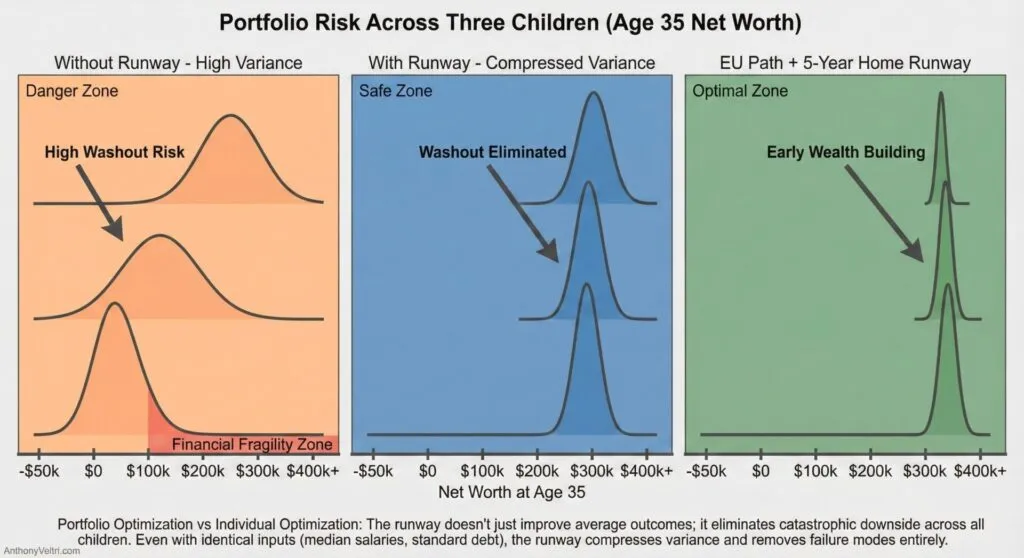 This diagram illustrates how portfolio variance impacts net worth trajectories at age 35, highlighting risk and early wealth outcomes.