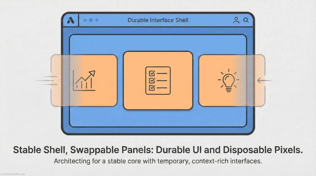 A stylized browser window shows three orange panels with icons: a graph, a checklist, and a lightbulb. Arrows indicate the panels can be swapped. Text below reads, “Stable Shell, Swappable Panels: Durable UI and Disposable Pixels.”.