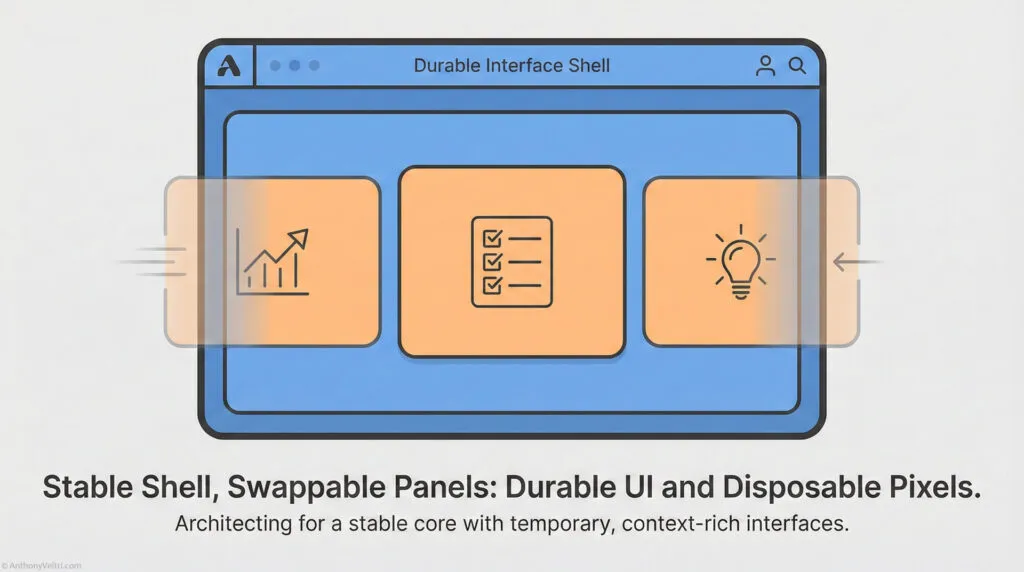 A stylized browser window shows three orange panels with icons: a graph, a checklist, and a lightbulb. Arrows indicate the panels can be swapped. Text below reads, “Stable Shell, Swappable Panels: Durable UI and Disposable Pixels.”.