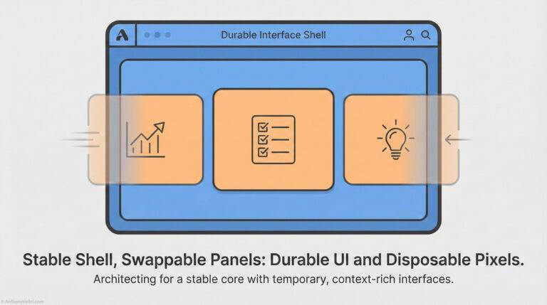 A stylized browser window shows three orange panels with icons: a graph, a checklist, and a lightbulb. Arrows indicate the panels can be swapped. Text below reads, “Stable Shell, Swappable Panels: Durable UI and Disposable Pixels.”.