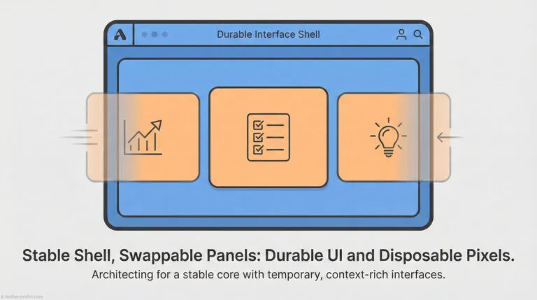 A stylized browser window shows three orange panels with icons: a graph, a checklist, and a lightbulb. Arrows indicate the panels can be swapped. Text below reads, “Stable Shell, Swappable Panels: Durable UI and Disposable Pixels.”.