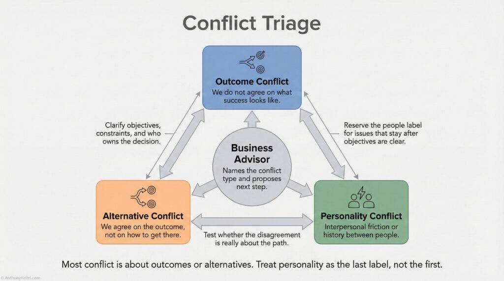 Flowchart titled "Conflict Triage" with three conflict types: Outcome Conflict, Alternative Conflict, and Personality Conflict, connected to a central "Business Advisor" box. Explanatory text appears throughout.