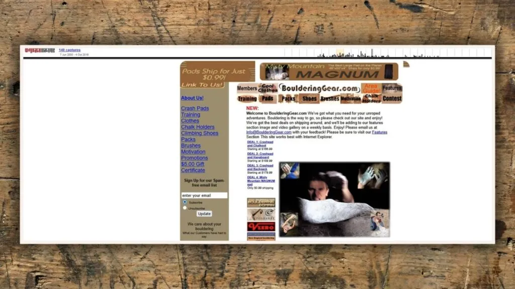 This screenshot illustrates a vintage site layout, with tan navigation, logo banner, and bouldering gear imagery set on a wood-textured background.