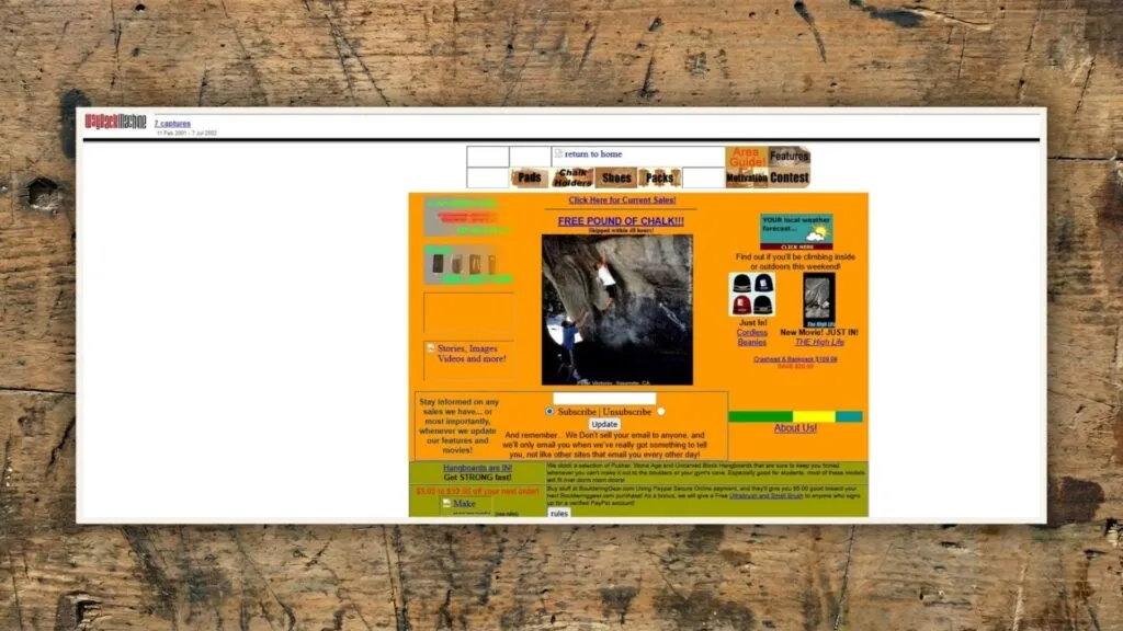 This screenshot illustrates a website with bright orange and yellow segments, dense content, and dated design elements throughout the layout.