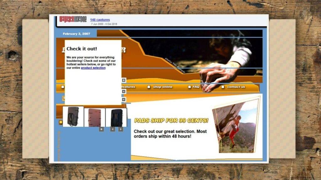 This screenshot illustrates a retro bouldering site, featuring navigation, a product popup, and outdoor climbing imagery with a shipping offer.