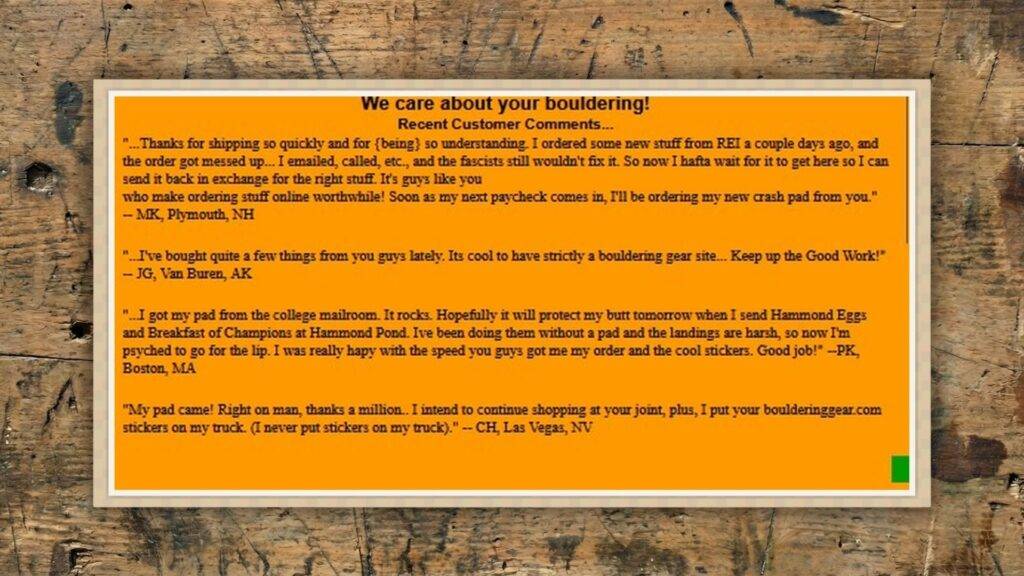 This diagram highlights positive customer feedback, suggesting appreciation for prompt service and unique branding in bouldering gear.