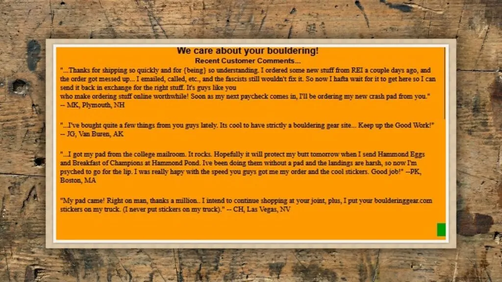 This diagram highlights positive customer feedback, suggesting appreciation for prompt service and unique branding in bouldering gear.