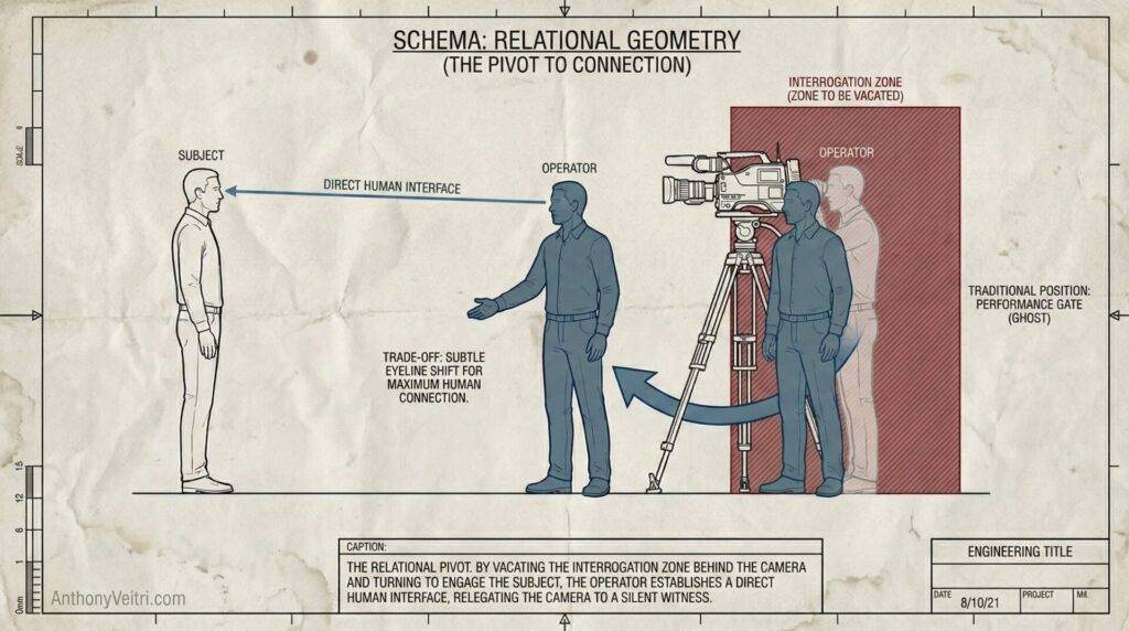 This diagram illustrates how direct human interface occurs when the operator stands beside the camera, outside the labeled "interrogation zone.