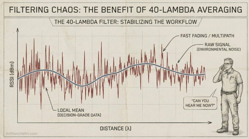 This diagram illustrates how 40-lambda averaging can clarify noisy signals, highlighting the filter’s role in improving communication.