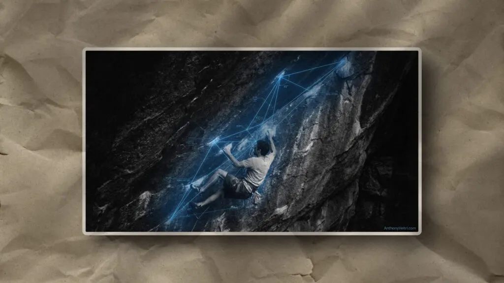 This image illustrates a climber’s path, as highlighted by digital lines mapping key contours along a steep, dark rock face.