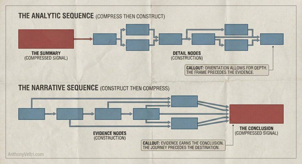 This diagram illustrates analytic and narrative sequences: summaries branching into details, or evidence converging to one conclusion.