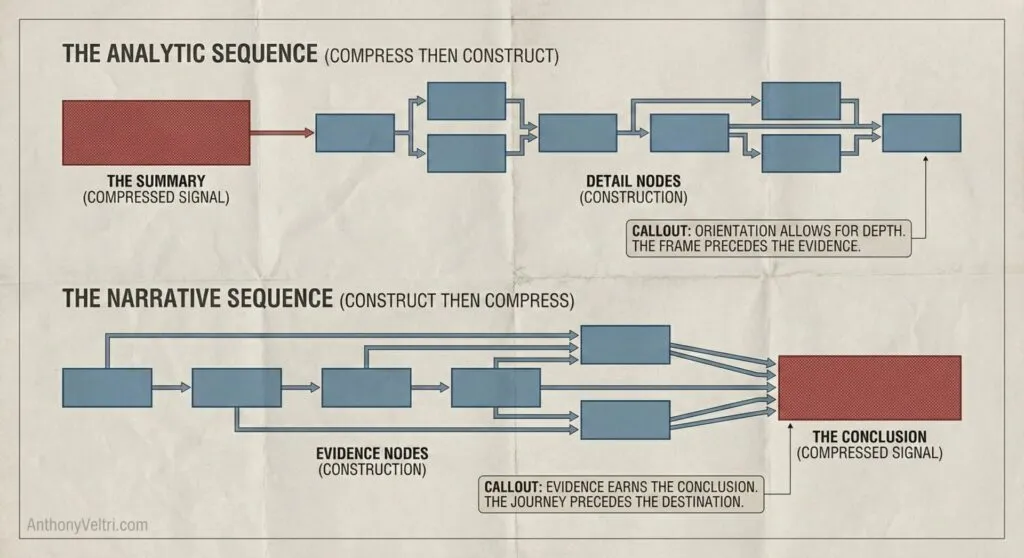This diagram illustrates analytic and narrative sequences: summaries branching into details, or evidence converging to one conclusion.
