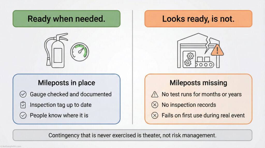 A comparison chart shows “Ready when needed” with checked fire extinguisher versus “Looks ready, is not” with a broken extinguisher box. It highlights the importance of regular checks and documentation for emergency readiness.