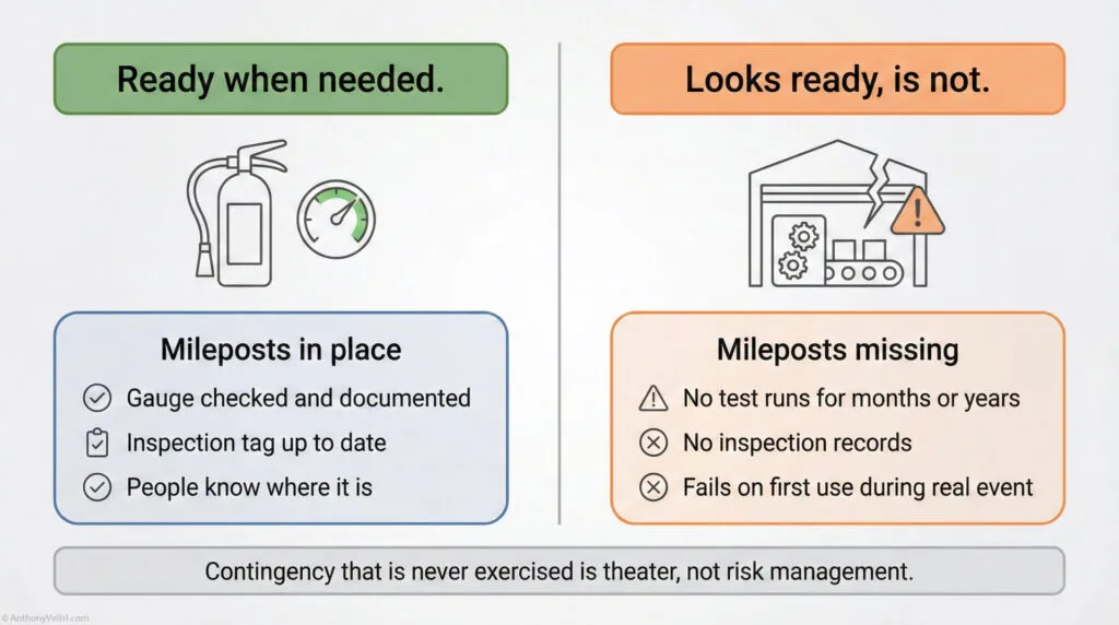 A comparison chart shows “Ready when needed” with checked fire extinguisher versus “Looks ready, is not” with a broken extinguisher box. It highlights the importance of regular checks and documentation for emergency readiness.