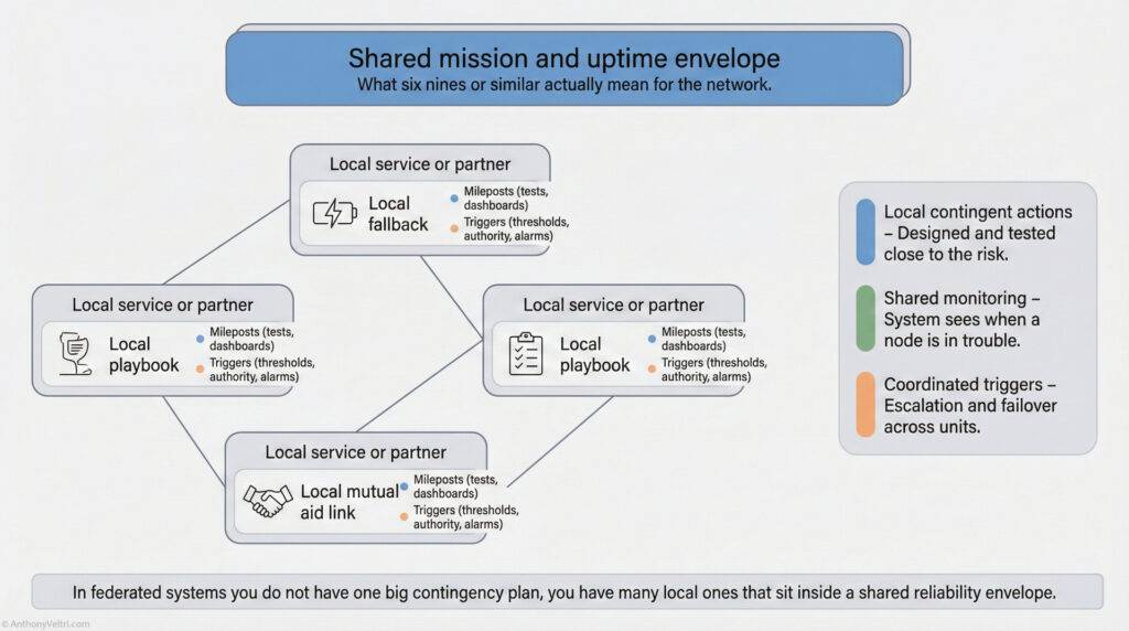 A flowchart titled "Shared mission and uptime envelope" explains network reliability, showing interconnected local services or partners with local fallback, playbook, and mutual aid link options, and local contingency actions in blue side-box.