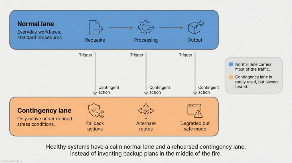 A diagram showing a "Normal lane" for routine workflows with requests, processing, and output, and a "Contingency lane" for stress conditions with fallback actions, alternate routes, and degraded mode.