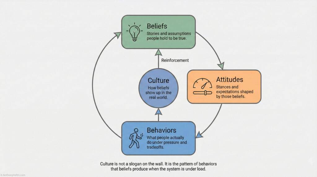 A circular diagram shows how beliefs, attitudes, and behaviors reinforce each other around "Culture: how beliefs show up in the real world," highlighting their interconnected influence. A note explains culture as behavioral patterns under stress.