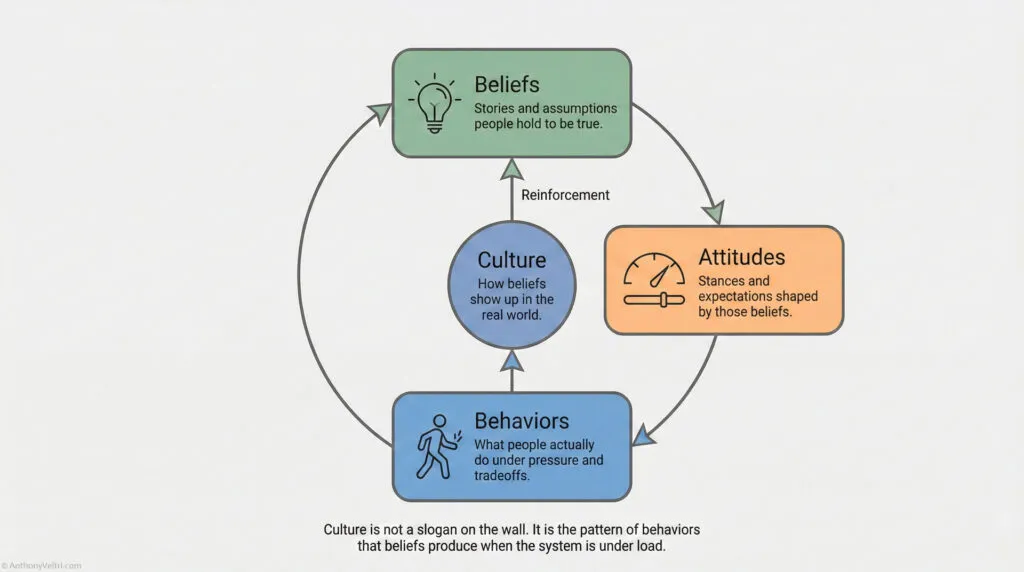 A circular diagram shows how beliefs, attitudes, and behaviors reinforce each other around "Culture: how beliefs show up in the real world," highlighting their interconnected influence. A note explains culture as behavioral patterns under stress.