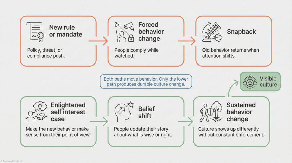 Flowchart comparing two paths to behavior change: one uses force and results in temporary change (snapback), while the other uses enlightenment and belief shift leading to sustained culture change. Icons illustrate each step.
