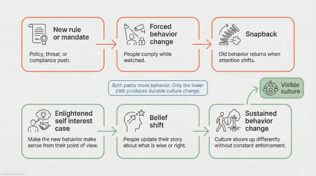 Flowchart comparing two paths to behavior change: one uses force and results in temporary change (snapback), while the other uses enlightenment and belief shift leading to sustained culture change. Icons illustrate each step.