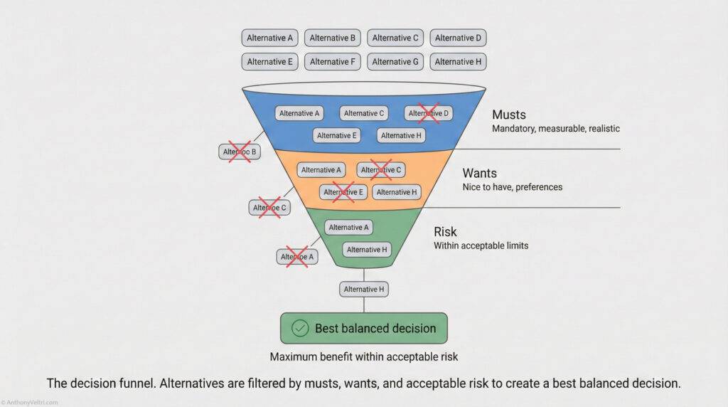 A funnel diagram with alternatives filtered into three sections: "Musts" (top), "Wants" (middle), and "Risk" (bottom). Crosses eliminate some options, leaving one "Best balanced decision" at the bottom.