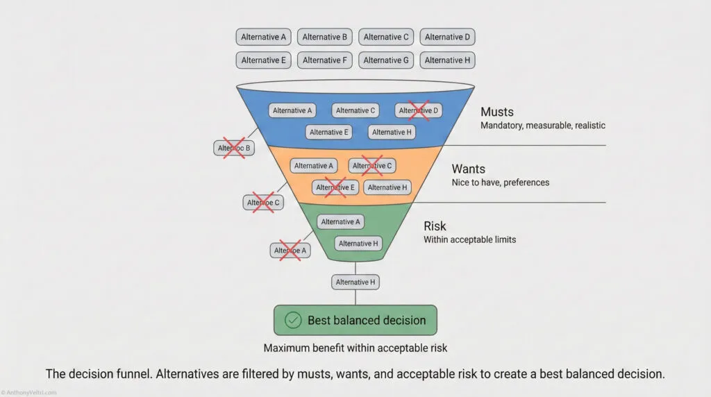 A funnel diagram with alternatives filtered into three sections: "Musts" (top), "Wants" (middle), and "Risk" (bottom). Crosses eliminate some options, leaving one "Best balanced decision" at the bottom.